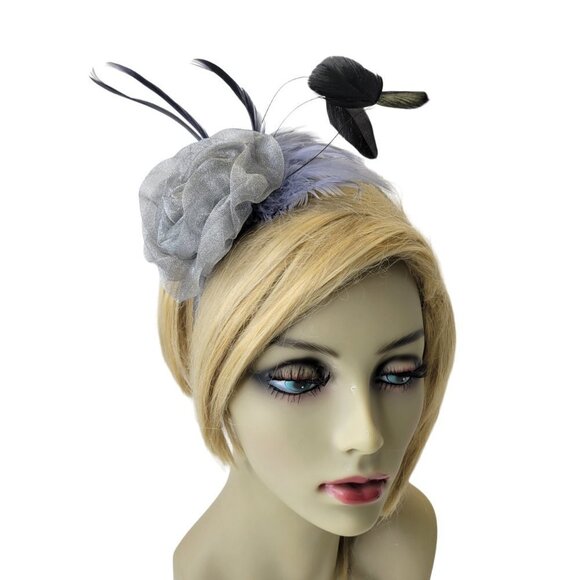 Silver Grey Rose Flower Headband Fascinator with Grey and Black Feathers - Picture 2 of 9